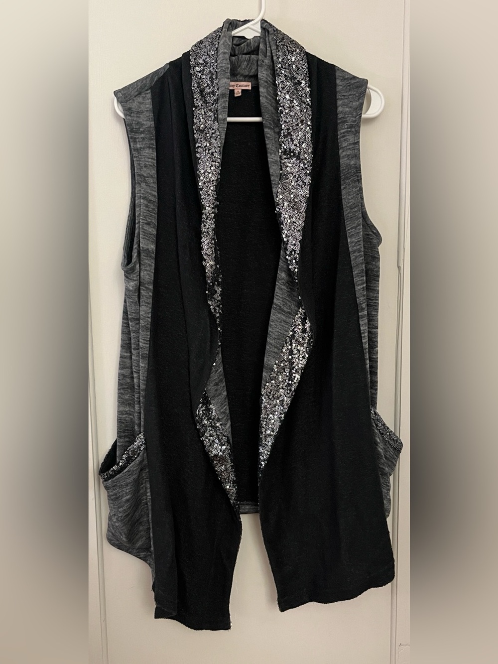 Juicy Couture Gray & Black Sequin Open Front Vest Size S